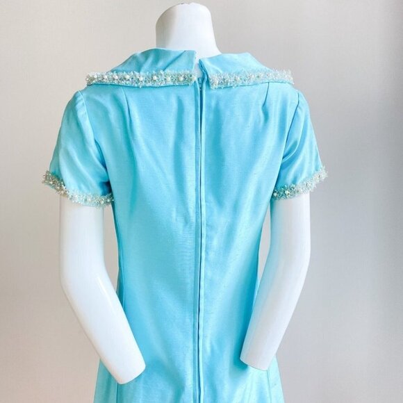 Vintage Light Blue 50s 60s Beaded Detail Short Sleeve Mini Dress  S - Picture 9 of 11
